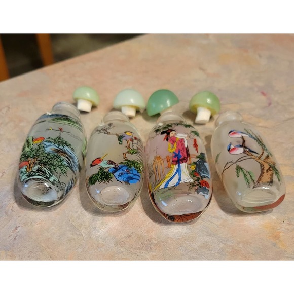 Set of Four Glass Chinese Reverse Painted Snuff / Perfume Bottles. - Picture 2 of 11
